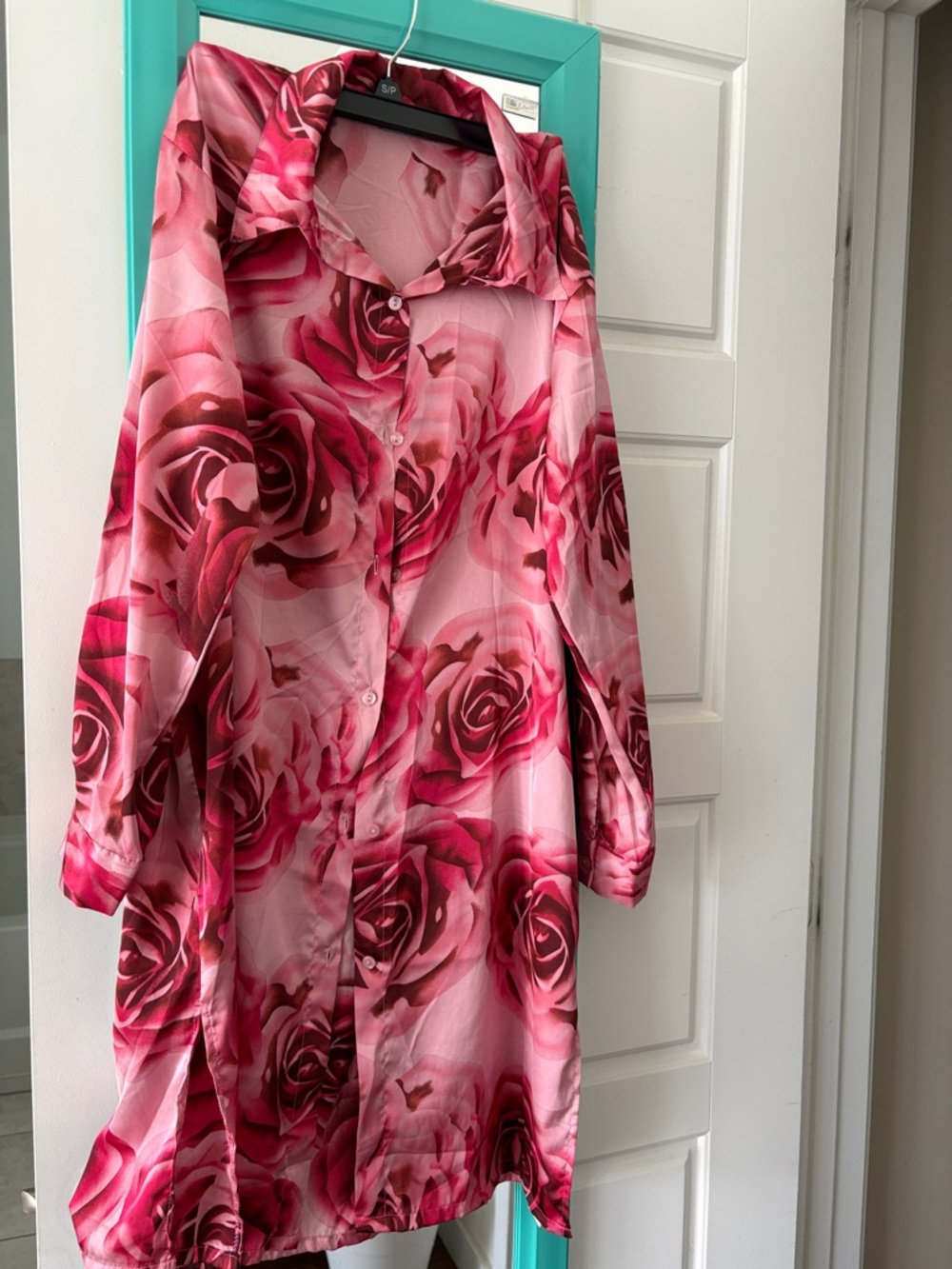 Pink Rose Print Button-Up Shirt Dress
